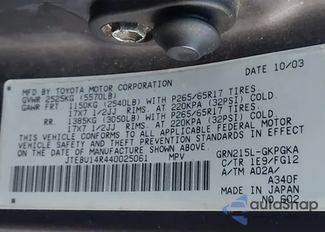 2004 Toyota 4Runner Sr5 V6 from USA, damaged, VIN JTEBU14R440025061